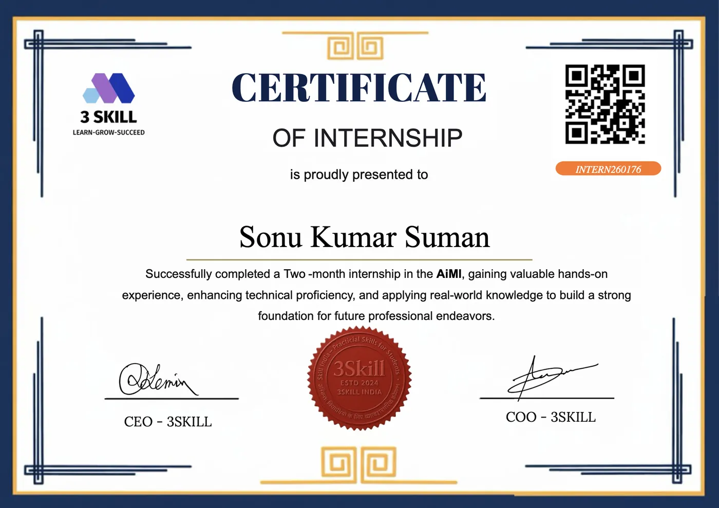 3Skill certificate of internship presented to Sonu Kumar Suman for a two-month internship in AI/ML