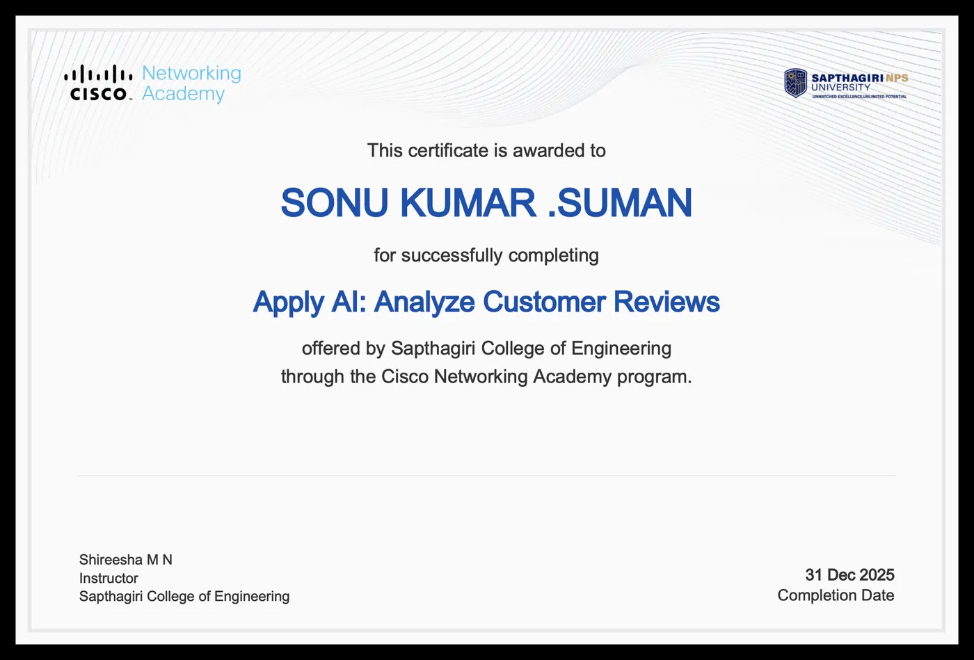 Cisco Networking Academy certificate awarded to Sonu Kumar Suman for Apply AI: Analyze Customer Reviews