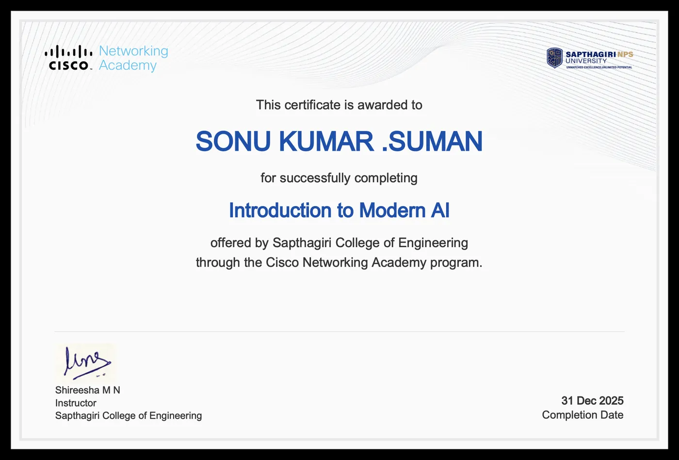 Cisco Networking Academy certificate awarded to Sonu Kumar Suman for Introduction to Modern AI