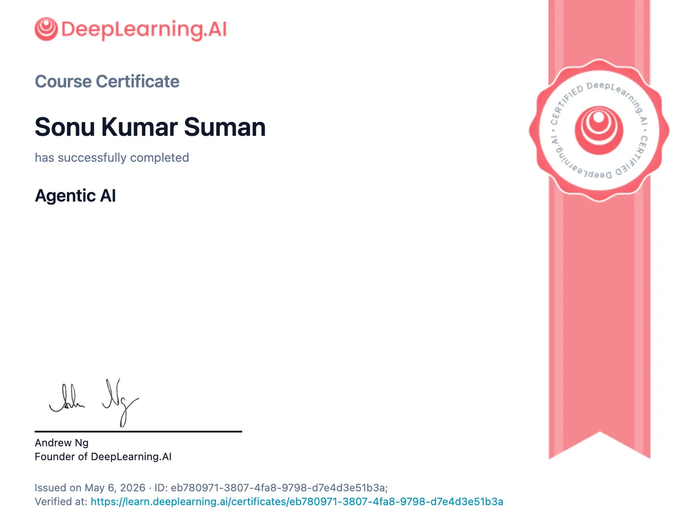 DeepLearning.AI course certificate awarded to Sonu Kumar Suman for Agentic AI