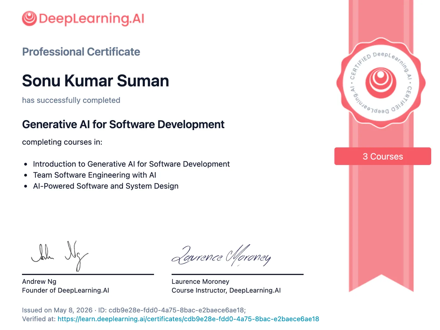 DeepLearning.AI professional certificate awarded to Sonu Kumar Suman for Generative AI for Software Development