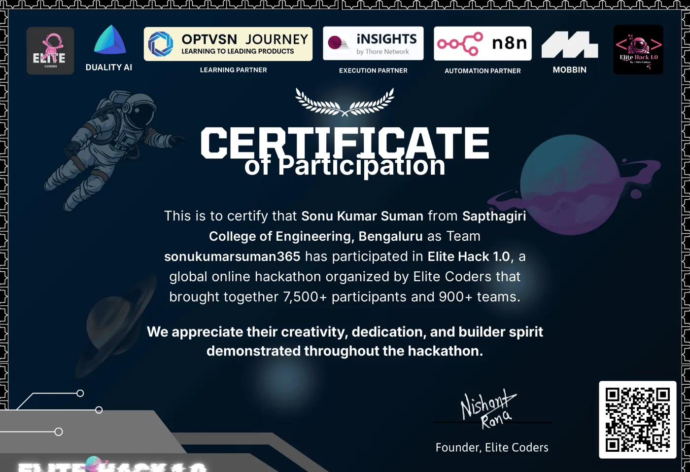 Certificate of participation for Sonu Kumar Suman in the Elite Hack 1.0 online hackathon
