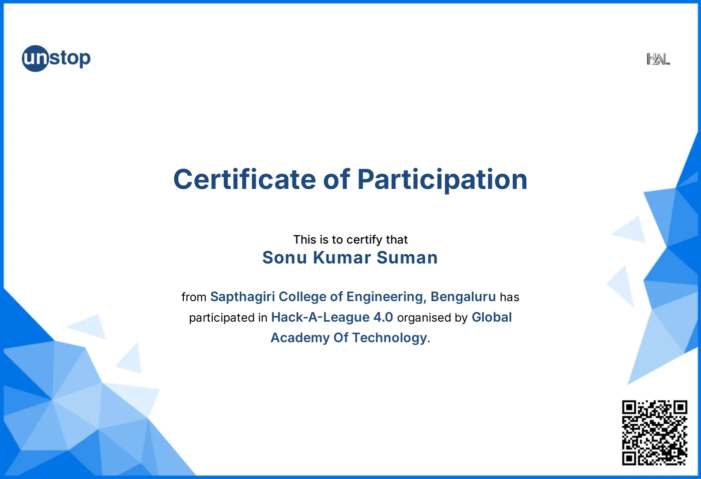 Certificate of participation for Sonu Kumar Suman in the Hack-A-League 4.0 hackathon