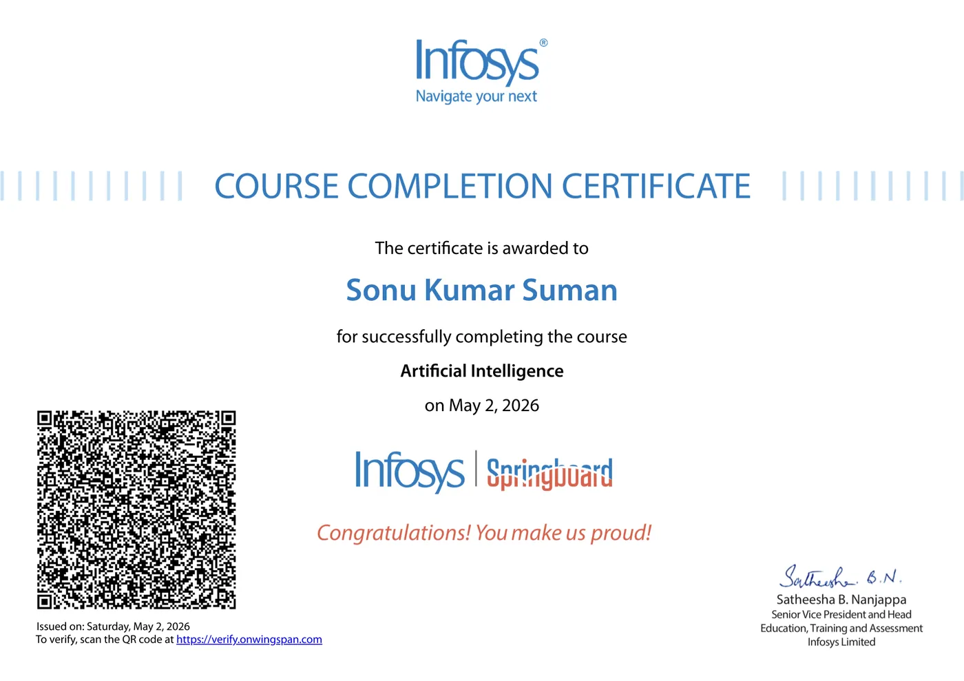 Infosys Springboard course completion certificate awarded to Sonu Kumar Suman for Artificial Intelligence