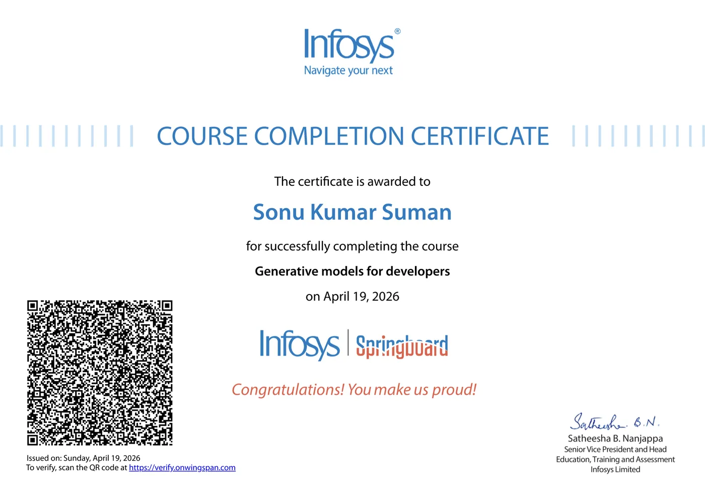 Infosys Springboard course completion certificate awarded to Sonu Kumar Suman for Generative Models for Developers