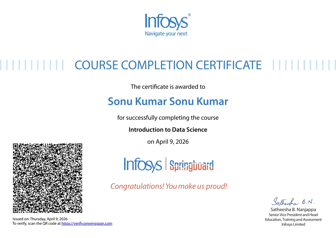 Infosys Springboard course completion certificate awarded to Sonu Kumar Suman for Introduction to Data Science