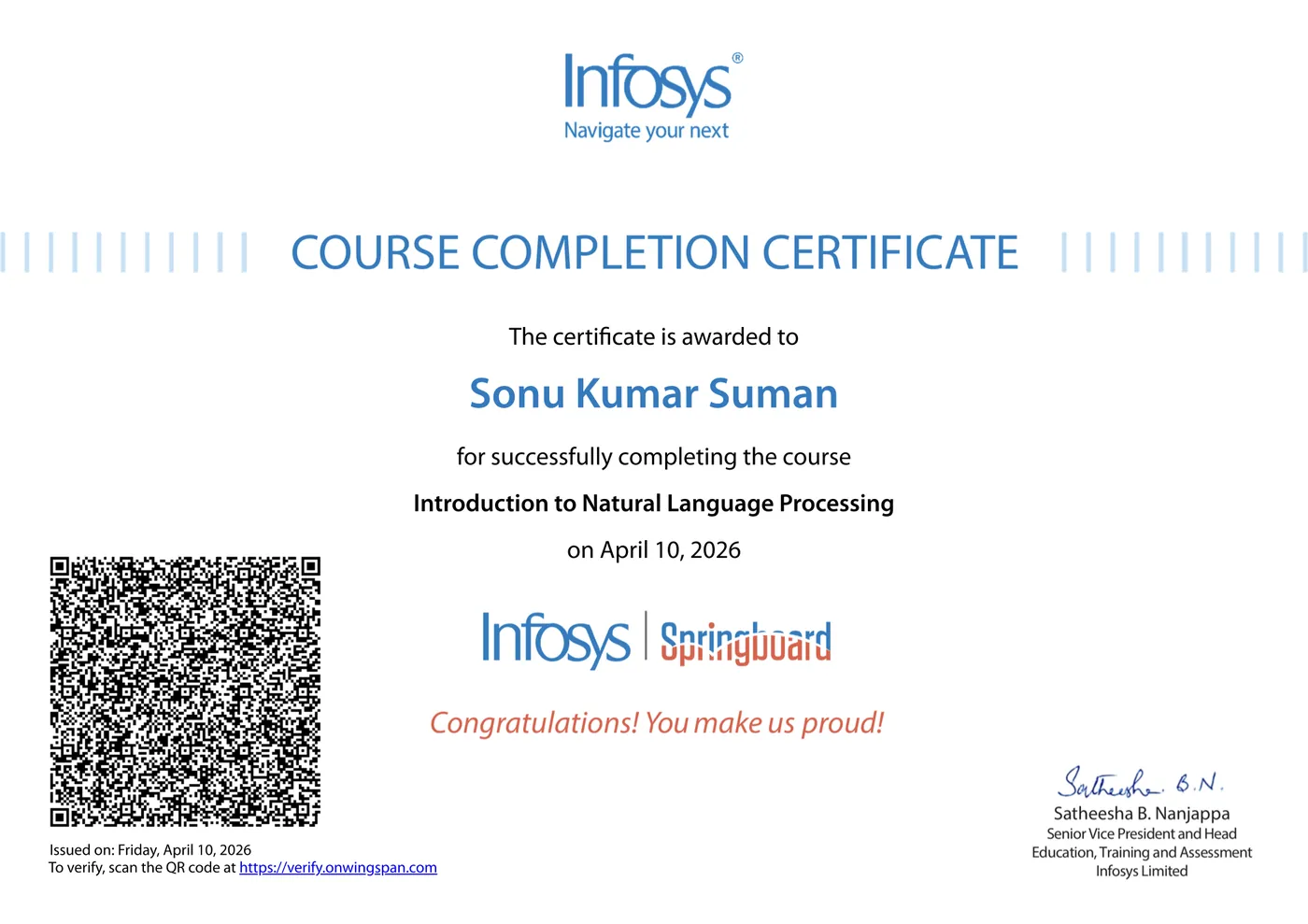 Infosys Springboard course completion certificate awarded to Sonu Kumar Suman for Introduction to Natural Language Processing