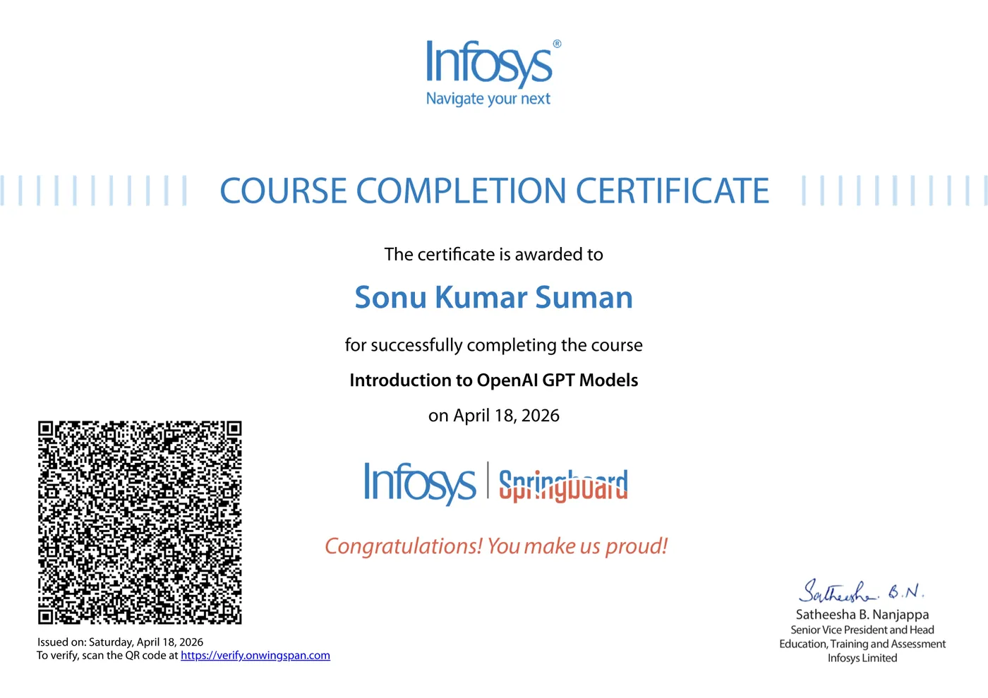 Infosys Springboard course completion certificate awarded to Sonu Kumar Suman for Introduction to OpenAI GPT Models