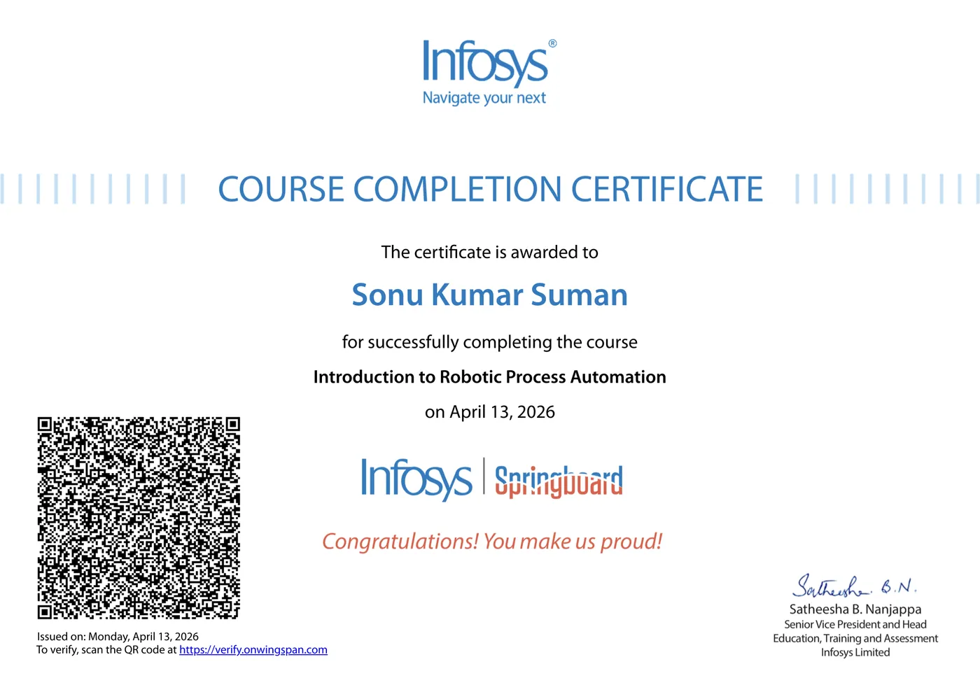 Infosys Springboard course completion certificate awarded to Sonu Kumar Suman for Introduction to Robotic Process Automation
