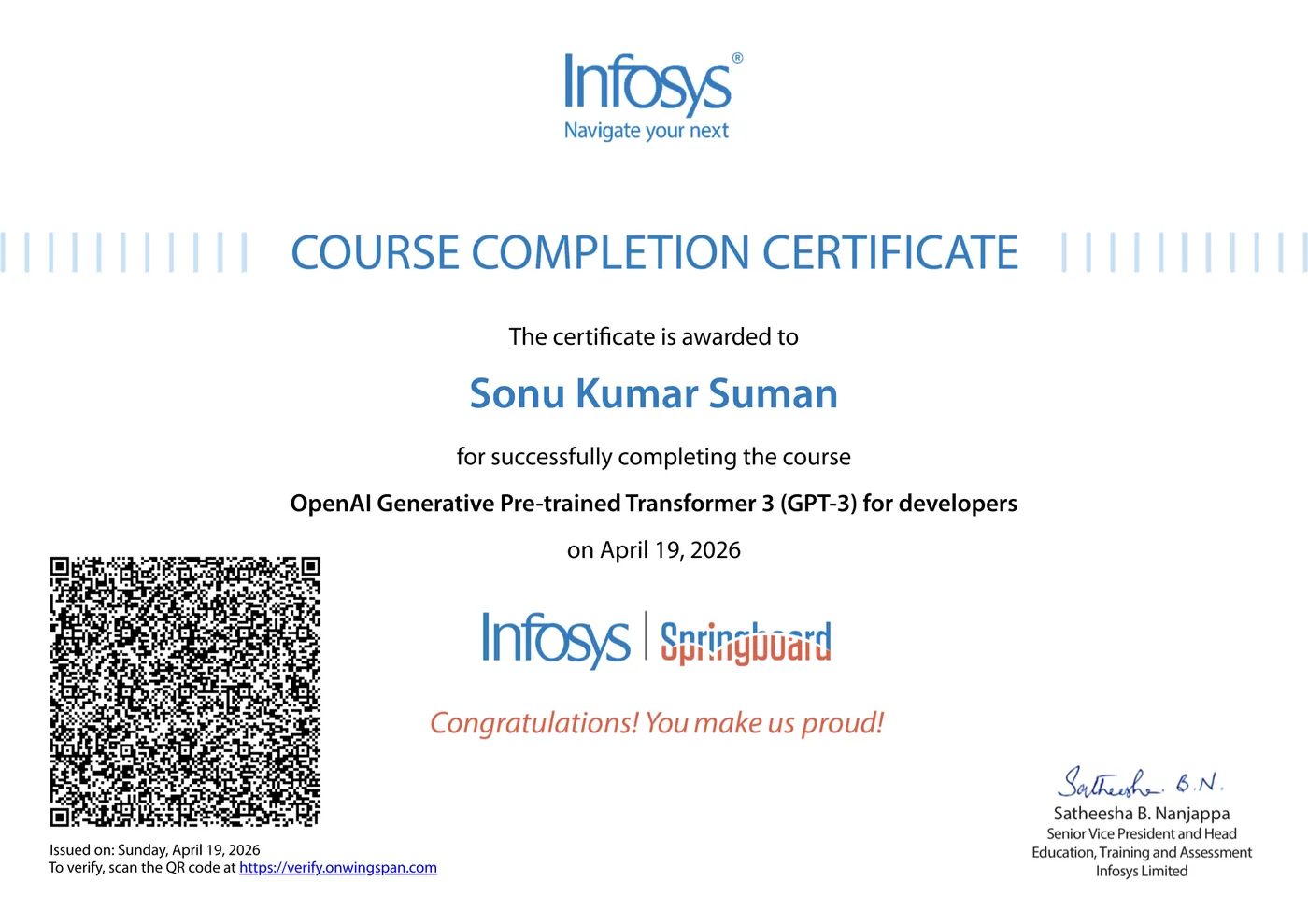 Infosys Springboard course completion certificate awarded to Sonu Kumar Suman for OpenAI GPT-3 for Developers