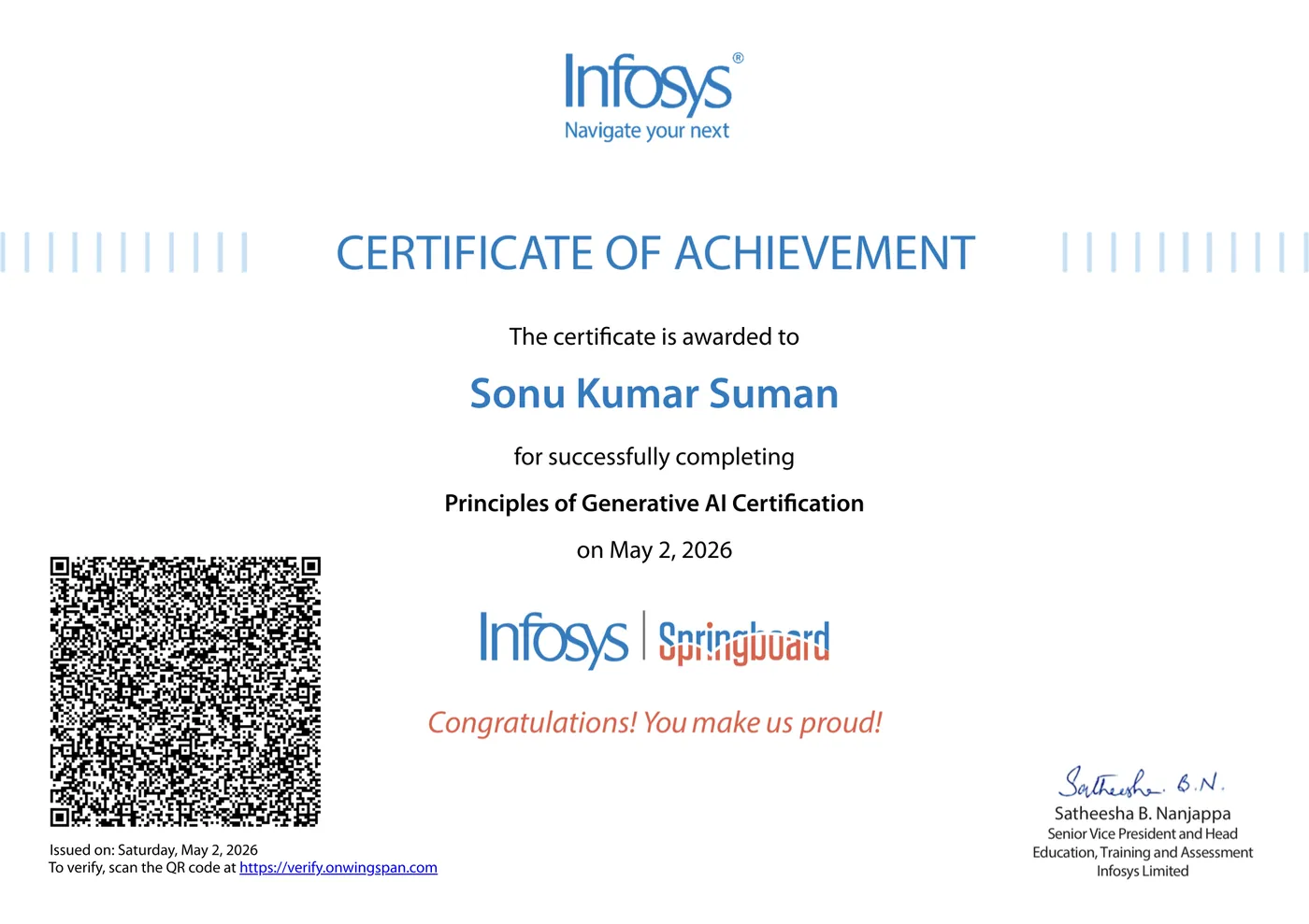 Infosys Springboard certificate of achievement awarded to Sonu Kumar Suman for Principles of Generative AI Certification