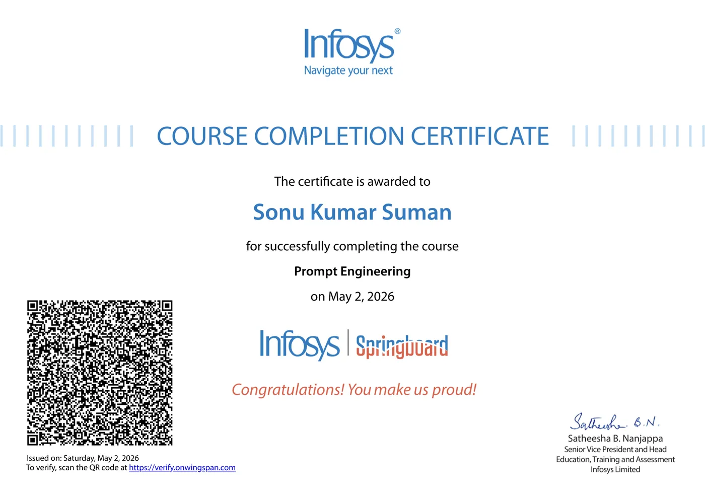 Infosys Springboard course completion certificate awarded to Sonu Kumar Suman for Prompt Engineering