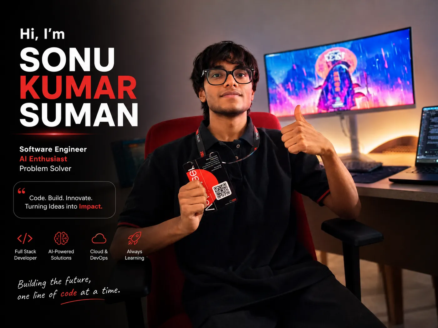 Intro graphic of Sonu Kumar Suman, software engineer, seated at his desk setup and giving a thumbs up