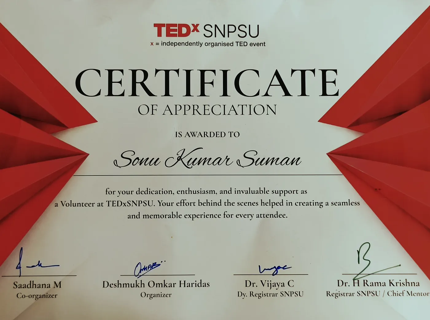 TEDxSNPSU certificate of appreciation awarded to Sonu Kumar Suman