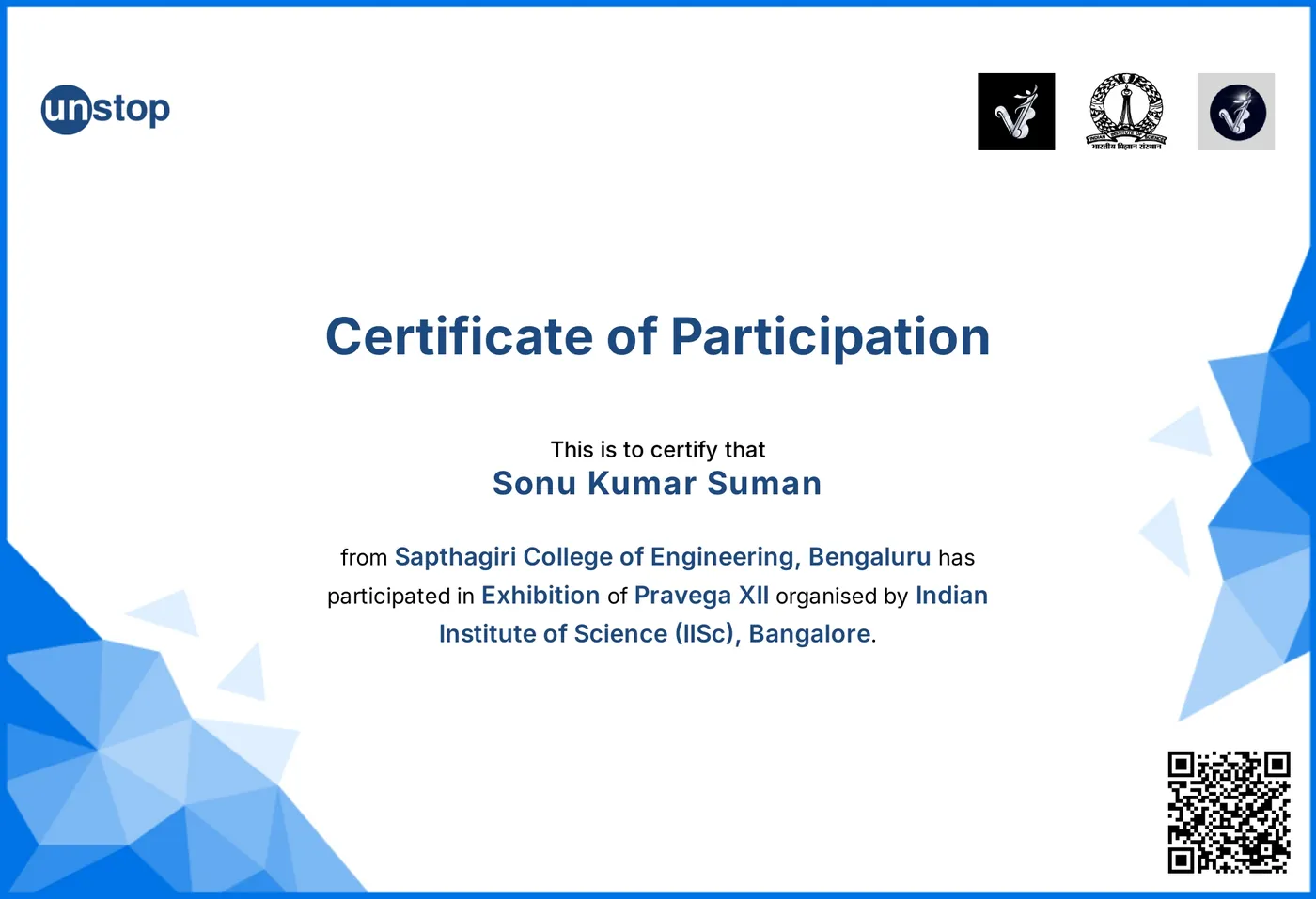 Certificate of participation for Sonu Kumar Suman in the Exhibition of Pravega XII, IISc Bangalore