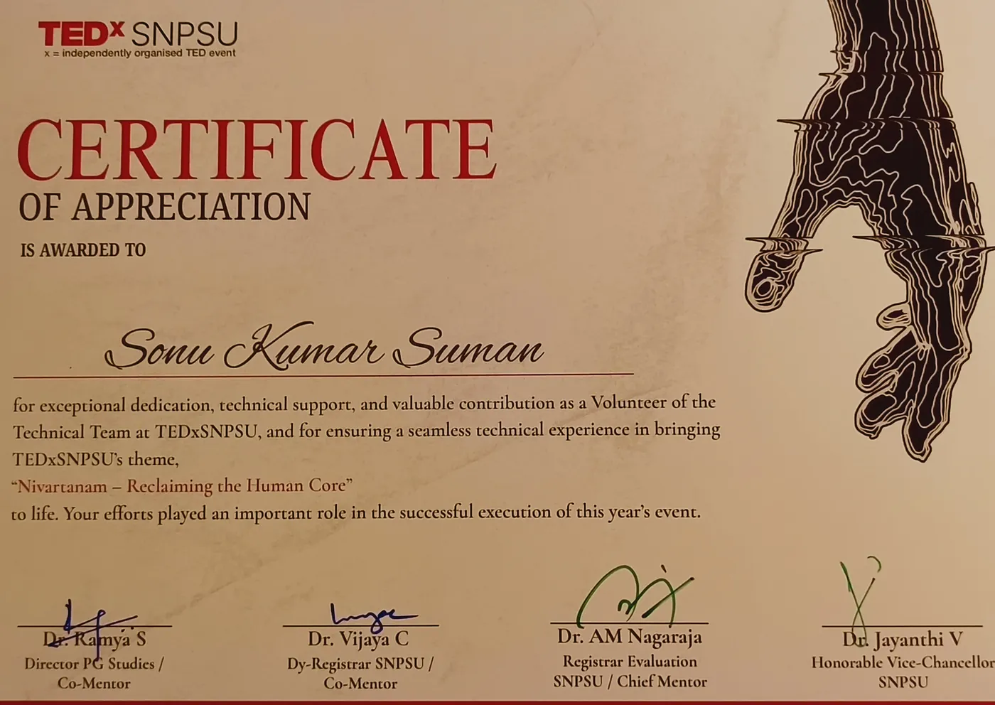 TEDxSNPSU certificate of appreciation awarded to Sonu Kumar Suman as a volunteer of the technical team