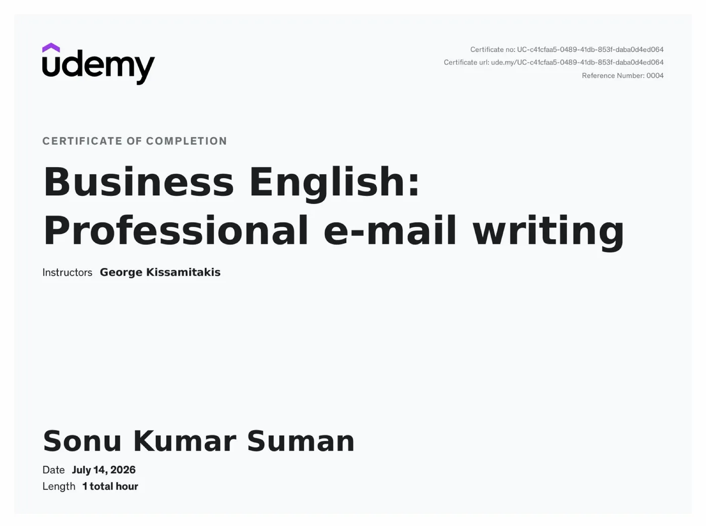 Udemy certificate of completion awarded to Sonu Kumar Suman for Business English: Professional e-mail writing